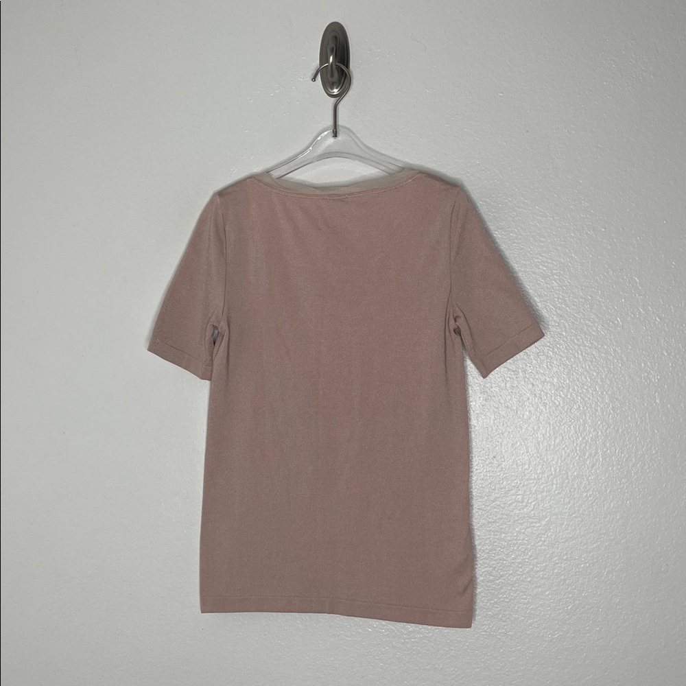 New Wolford Pink Nude Short Sleeve Scoop Tulle Trim Neck Stretch Top Size Small - Picture 5 of 5